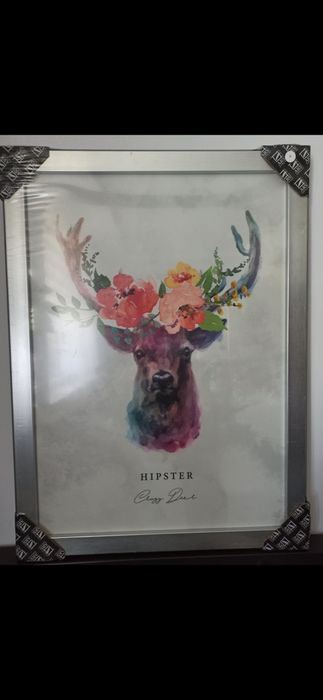Obraz jeleń, kwiaty hipster duży nowy, rama