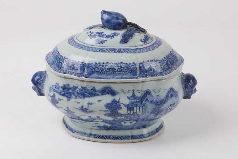 Terrina China Azul Pagodes Reinado Qianlong