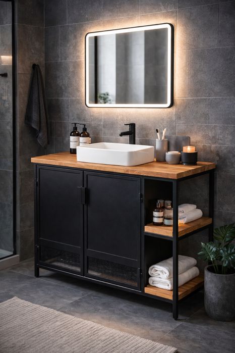 Szafka łazienkowa loft z drewnianym blatem  – styl industrialny
