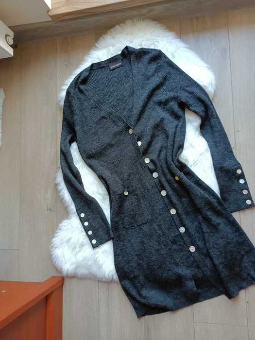 Grafitowy, długi kardigan wełna L XL