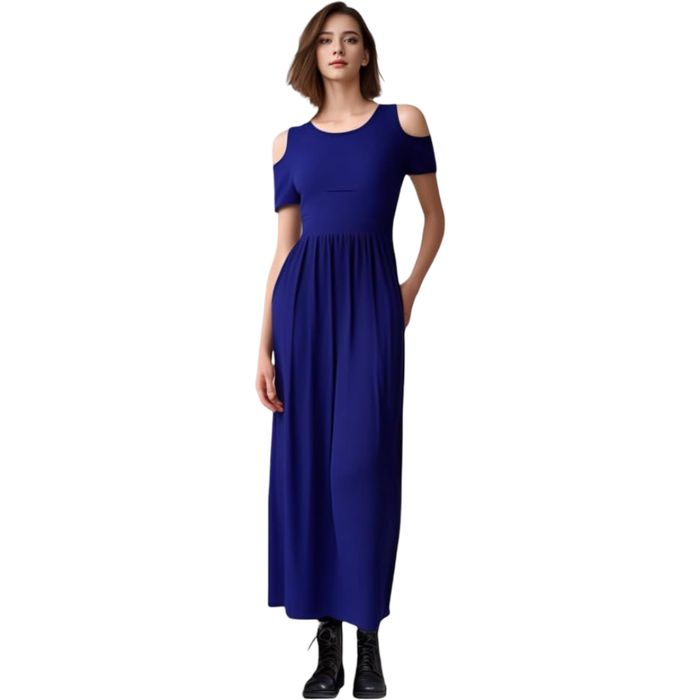 Sukienka maxi damska granatowa, cold shoulder, kieszenie, XXL