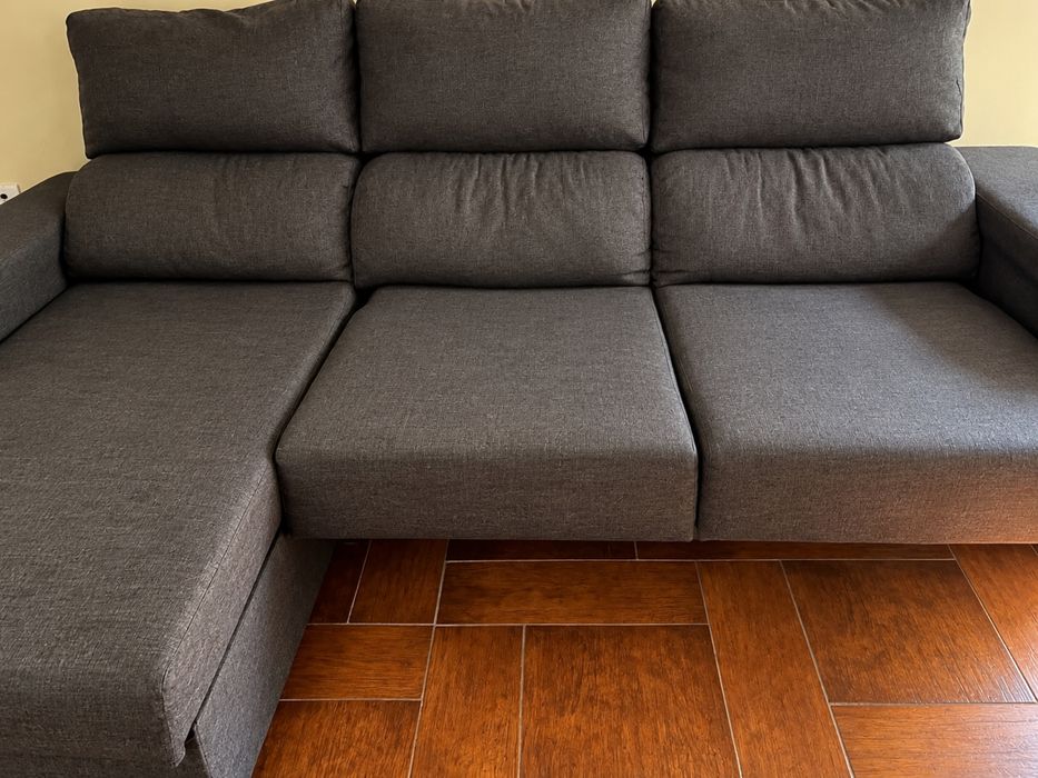 Sofá de Canto em L Cinzento com Chaise Longue