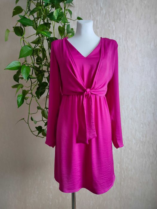 NOWA fuksja róż rozkloszowana sukienka satyna wiązana 40 L Bodyflirt