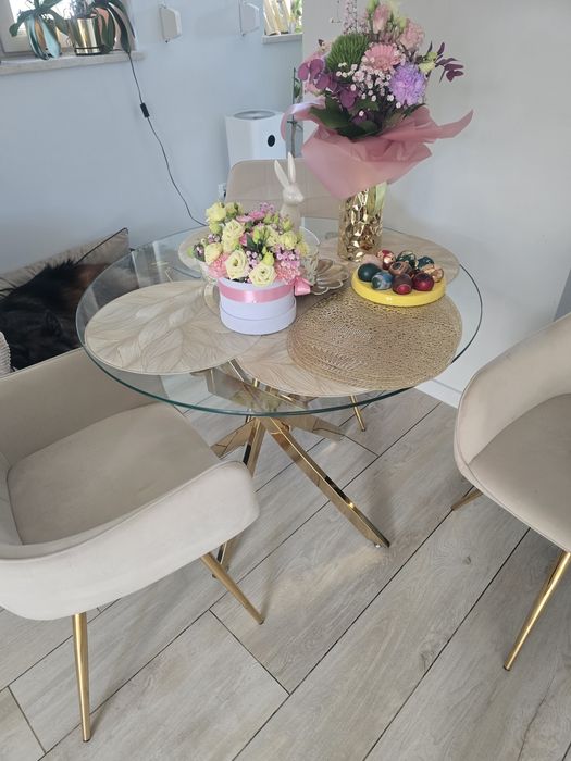 Stół szklany 90cm, złote nogi