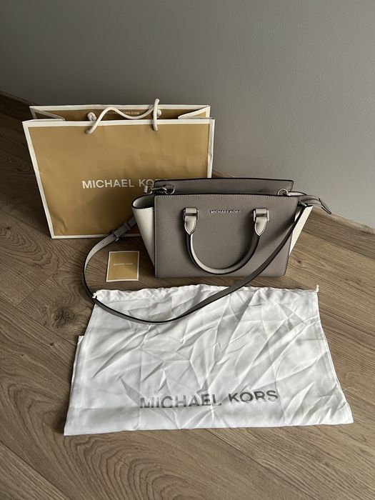 Szara skórzana oryginalna torebka Michael Kors Selma