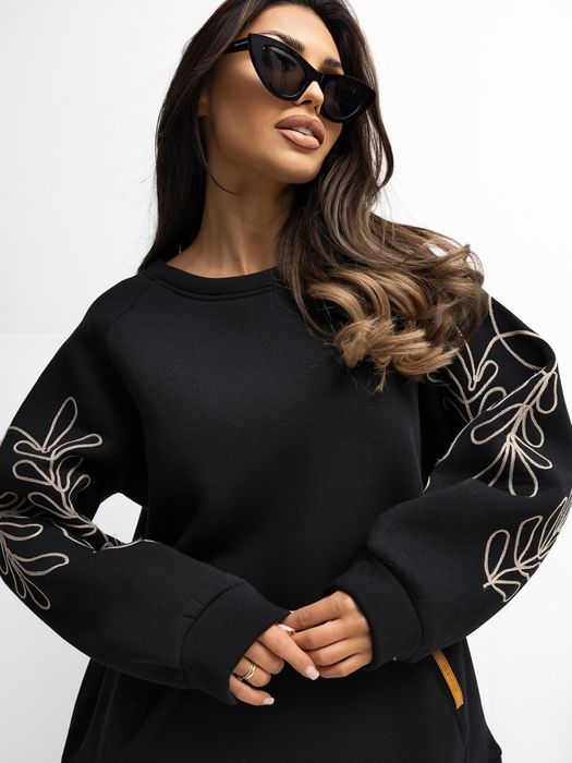 Bluza damska czarna RUE PARIS haft kangurka oversize bufiasty rękaw