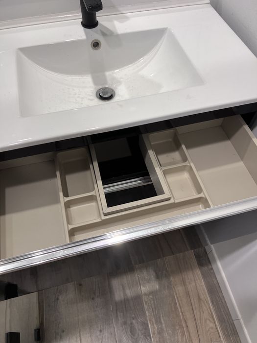 Móvel de WC Casa de Banho Suspenso Preto Lacado + Lavatório e Torneira Preta