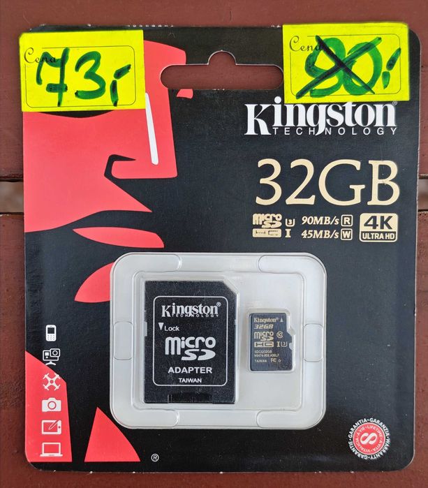 Karta pamięci microSDHC 32GB Kingston 4K UltraHD Class 10 UHS-I/U3 90/45 MB/s, adapter SD, NOWA, fabrycznie zapakowana