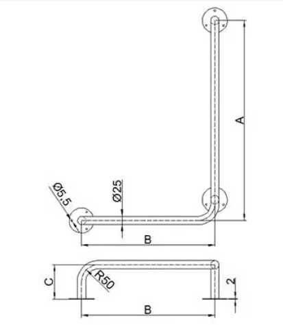 Uchwyt kątowy łazienkowy dla niepełnosprawnych fi25 60cm x 40cm