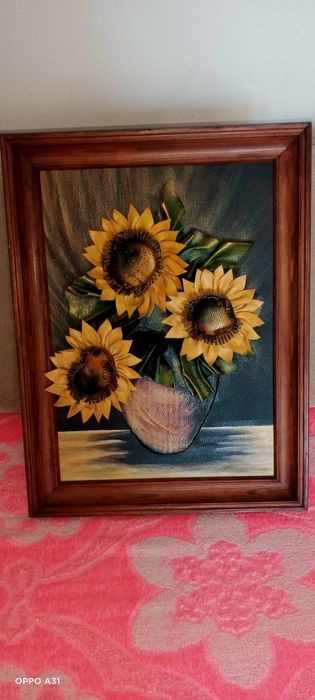 Obraz Słoneczniki. Wykonany ze skóry naturalnej . .