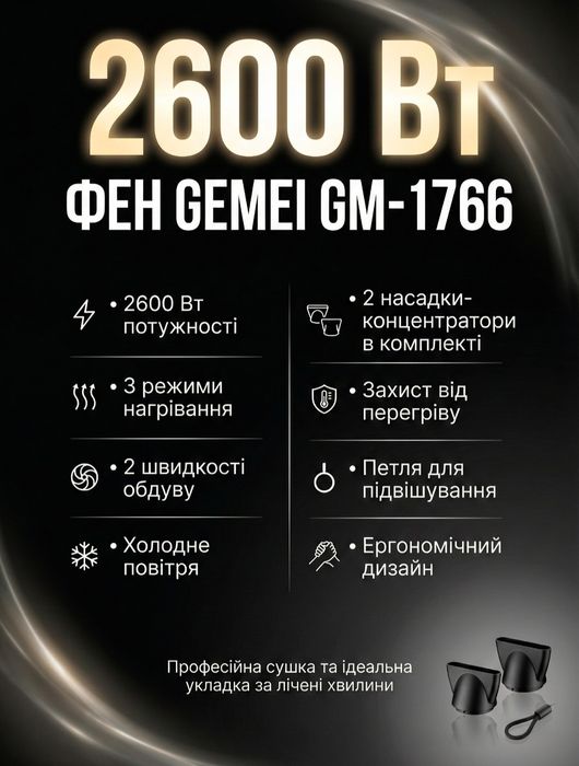 Фен Gemei GM-1766 (новий, не використовувався)