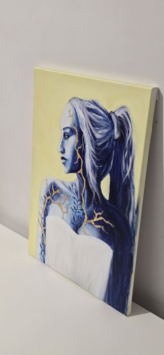 Obraz niebieski kobieta kintsugi  30x40cm portret abstrakcja