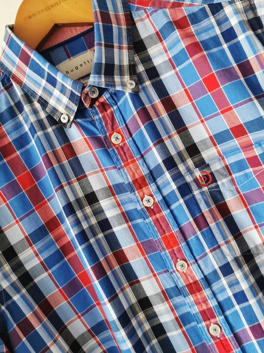 Bugatti koszula w kratę długi rękaw logowana męska IDEAŁ ORYGINAŁ L