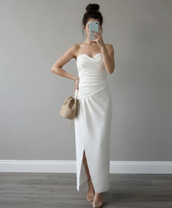 Biała sukienka maxi – gorsetowa, z rozcięciem ślub cywwilny poprawiny