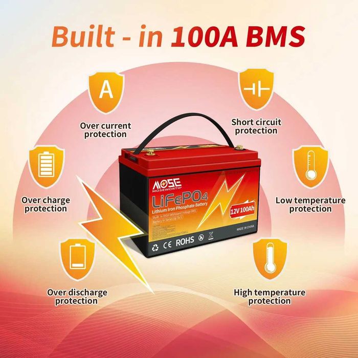 Акумулятор MOSEWORTH LiFePO4 12 V 100 Ah з зарядним пристроєм і BMS