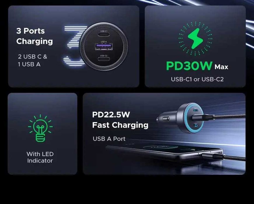Автомобільний зарядний пристрій UGREEN PD30W модель EC307 45843