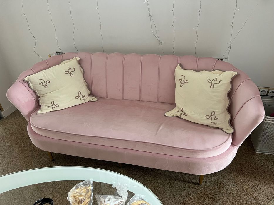 Sofa muszelka ELIF 3-osobowa różowa welurowa glamour złote n