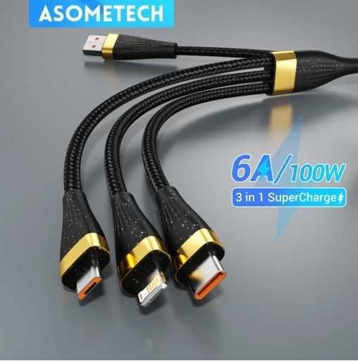 ASOMETECH 3 W 1 kabel ładujący USB 6A 100W - 2m - Rumia