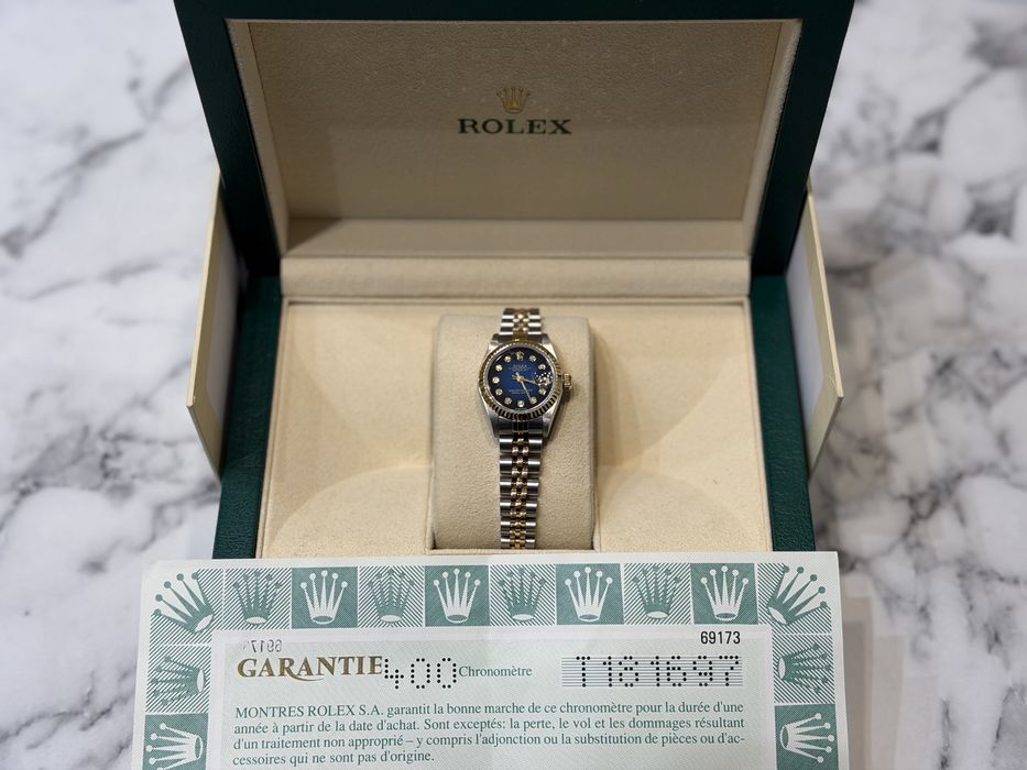 Rolex Datejust 26 mm stal/złoto piękna niebieska tarcza z diamentami