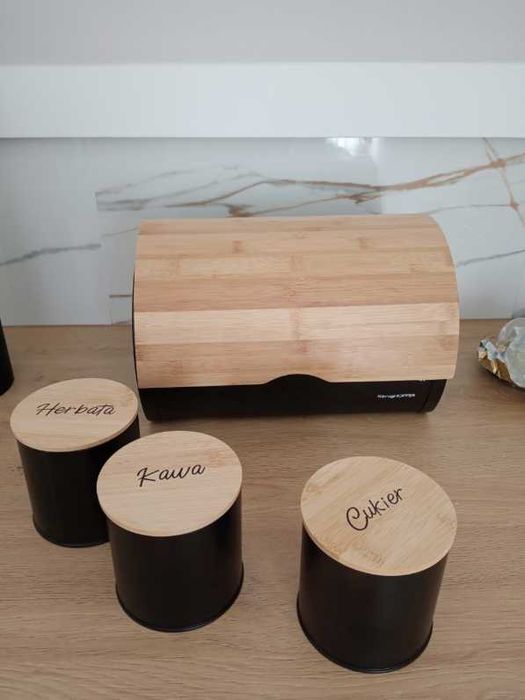 Duży Chlebak Czarny Drewniany Bambusowy Na pieczywo + GRATIS 3x Puszki
