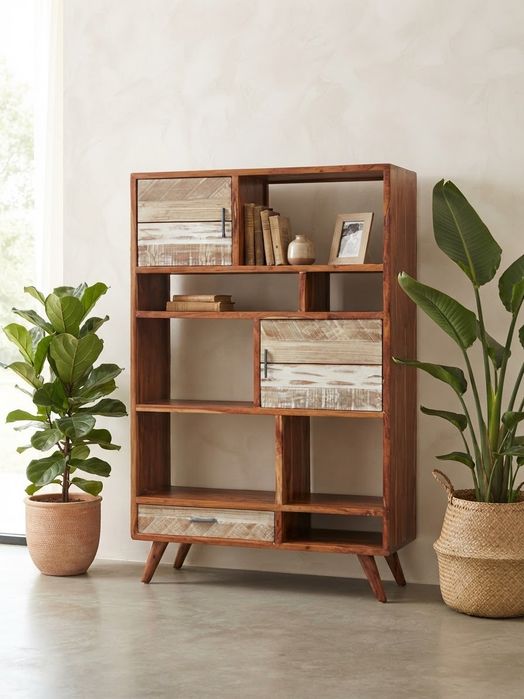 Biblioteczka, kredens ażurowy, regał drewniany. Lite drewno.  Parawan, ścianka. Styl kolonialny, loft, vintage.