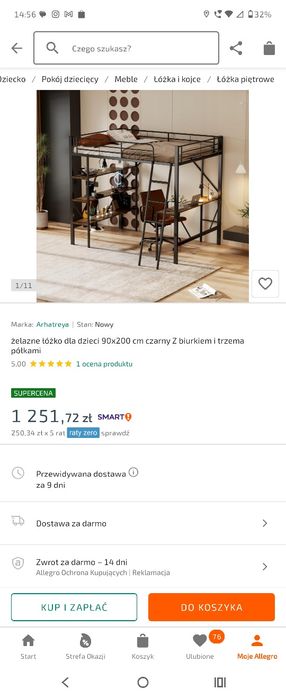 Łóżko piętrowe z biurkiem i półkami