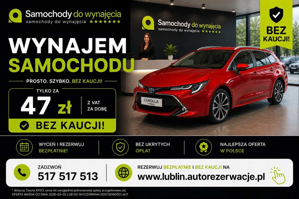 Wynajem samochodu/aut wypożyczalnia samochodów za 47 zł za dobę LUBLIN i okolice BEZ KAUCJI