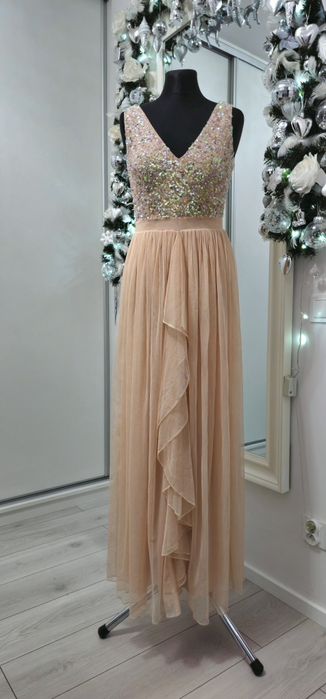 Długa suknia morelowa cekiny tiul 36 sistaglam