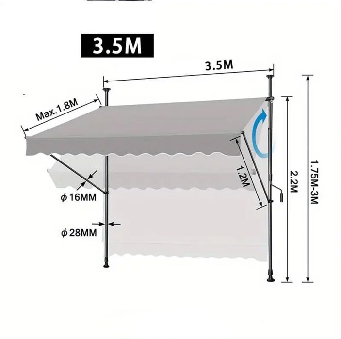 Markiza balkonowa ogrodowa bez wiercenia 350x120cm szara rozporowa