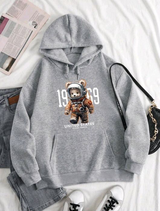 Gráfico De Urso & Slogan Bolso Canguru Cordão Capuz Térmico