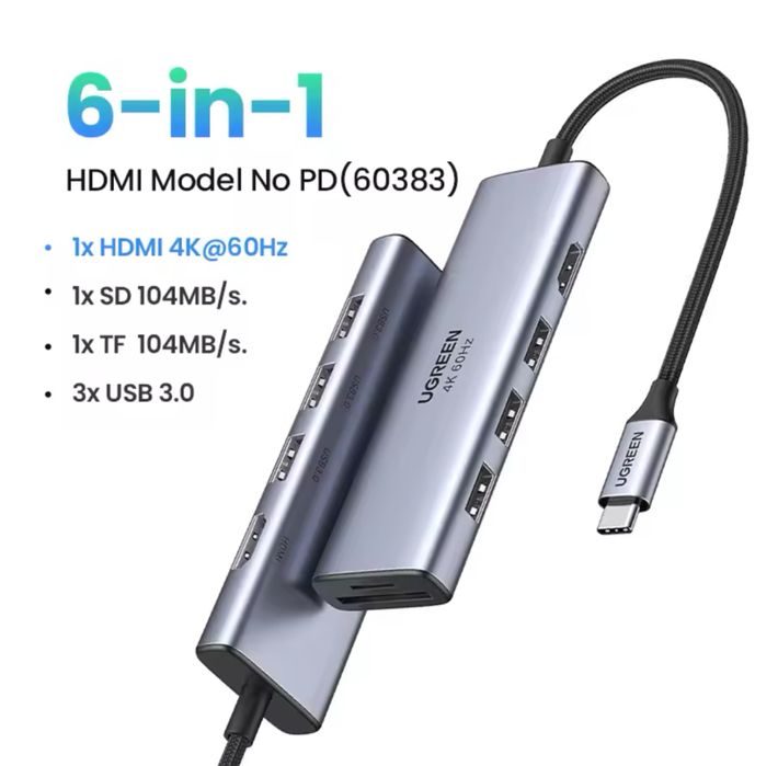 UGREEN 6в1 Hub USB-хаб Type C, 3xUSB 3.0, HDMI SD/TF