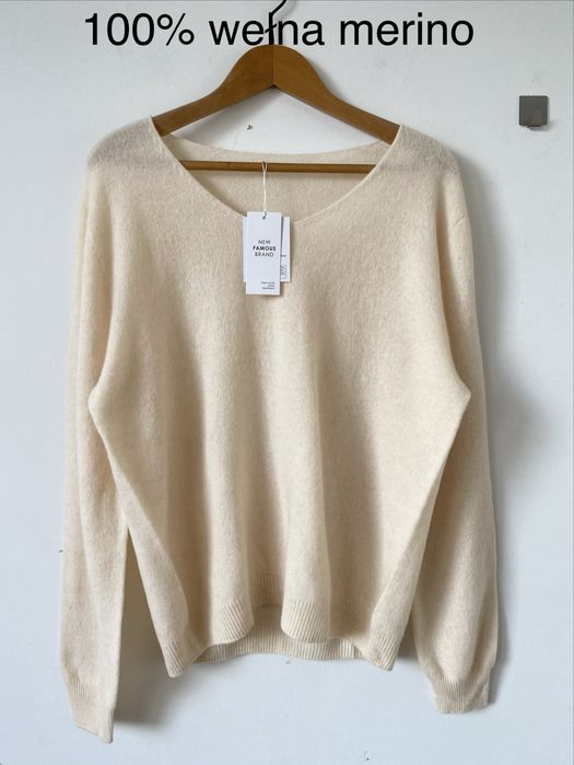 Nowy 100% wełna merino waniliowy sweter dekolt serek vneck dzianina