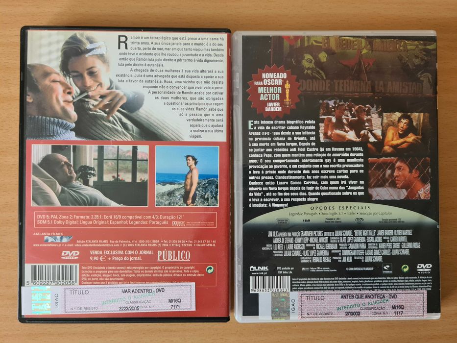 2 filmes em DVD com Javier Barden: Mar Adentro e Antes que Anoiteça