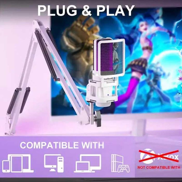 Геймінговий мікрофон ZealSound RGB з кронштейном для стрімів (кардіоїда, USB, моніторинг)