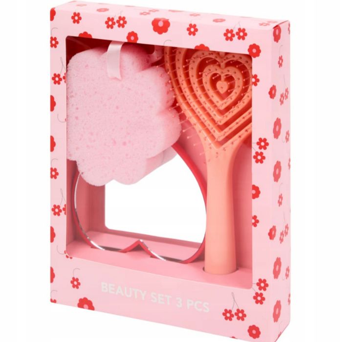 Podróżny zestaw kosmetyków - szczotka, lusterko, gąbeczka