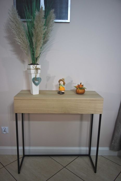 Konsola dębowa 80x30x90 cm na stelażu stalowym z szufladą cichy domyk