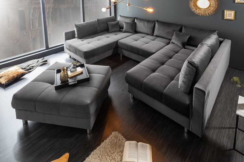 Elegancki narożnik U do salonu z funkcją spania i pufą-DOSTAWA