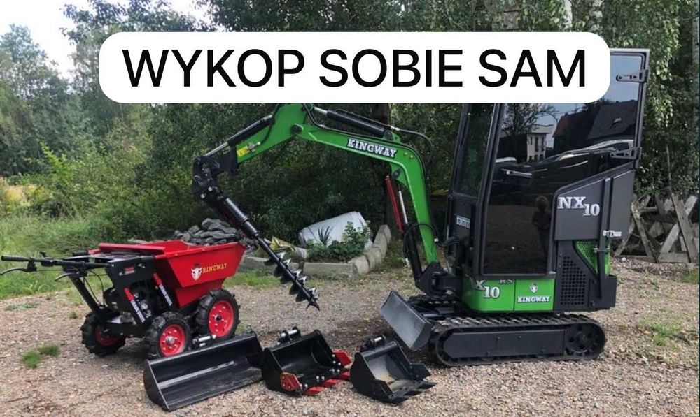 WYKOP SOBIE SAM – Minikoparka 1T | Bez operatora | Wiertnica | Wozidło 250 kg | Skarpówka hydrauliczna