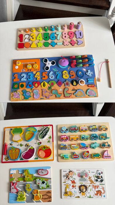 Деревʼяні іграшки, книжки пазли, машинки, робалки, сортер, коник