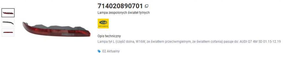 Lampa tylna dolna Audi Q7 nowa Magneti Marelli