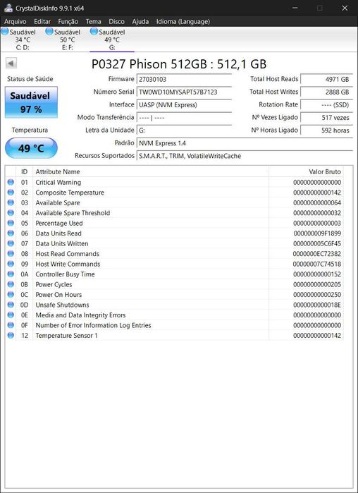Disco nvme 2230 Phison P0327 512GB