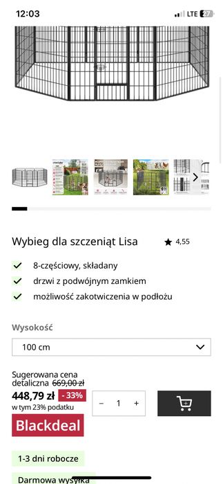 Kojec XXL dla psa 8 czesci. Wys 100cm
