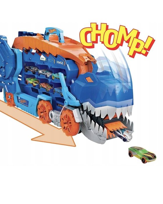 HOT WHEELS T-REX MEGA Trandporter dinozaur 2w1 Tory Wyścigowe  + autka