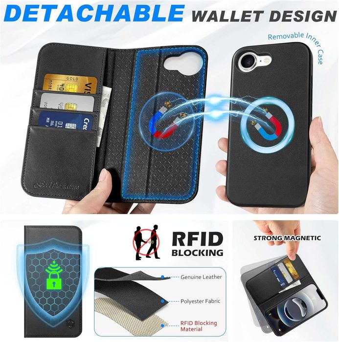 Shieldon naturalne etui skórzane iPhone 16e portfel klapką czarne 2w1