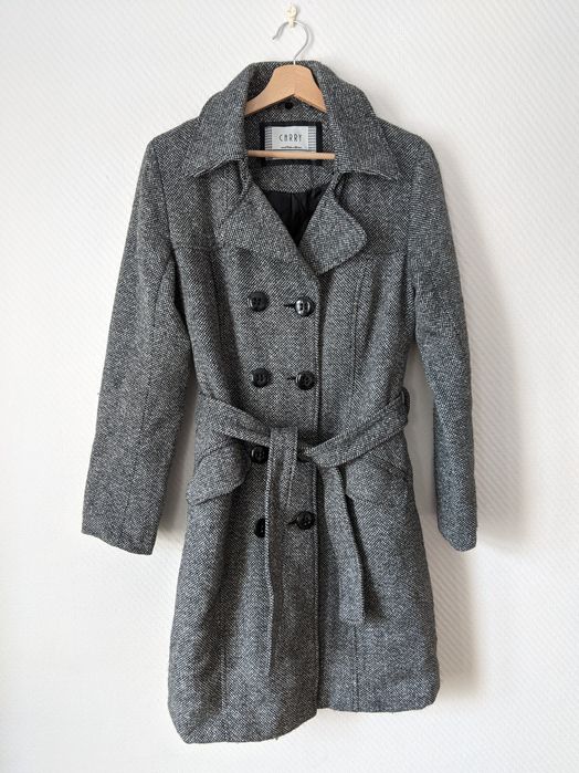 Plaszcz wełniany dwurzędowy Carry M biało-czarny ciepły ocieplany