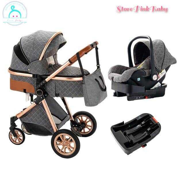 Carrinho bebé 3 em 1 PinkBaby Magic Gold - Com Base Isofix - Cinza