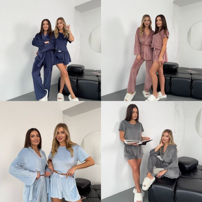 Піжама жіноча 4 в 1 для дому: халат + футболка + шорти + штани