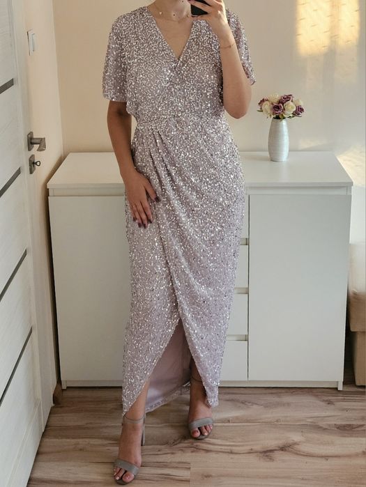 Liliowa cekinowa sukienka maxi kopertowa 36 S beauut asos wesele
