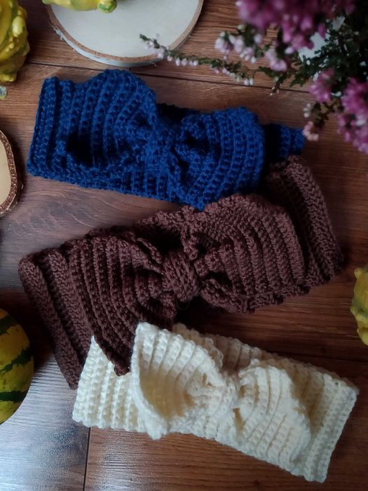 Zimowa opaska na głowę z kokardą L 100% merynos różne kolory