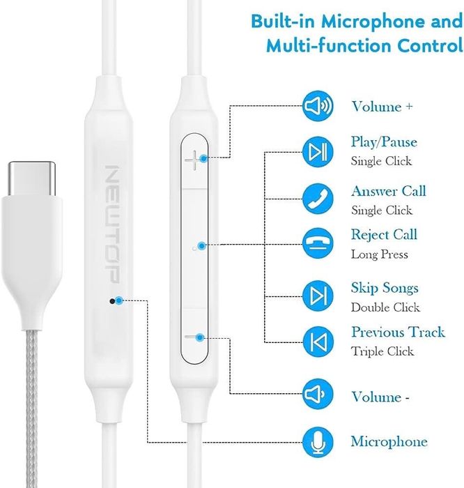 NEWTOP CF28 - Навушники USB-C. HiFi стереогарнітура з мікрофоном, керуванням гучністю для Samsung, Xiaomi, iPhone 15+
